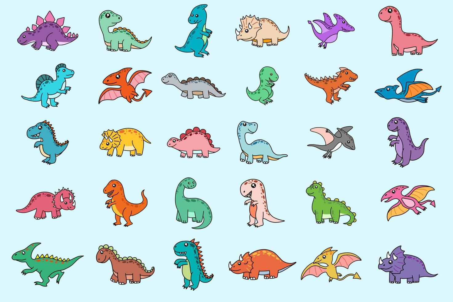 conjunto mega coleção de dinossauros fósseis de dino fofos bebê crianças animal cartoon doodle clipart engraçado para crianças e crianças vetor