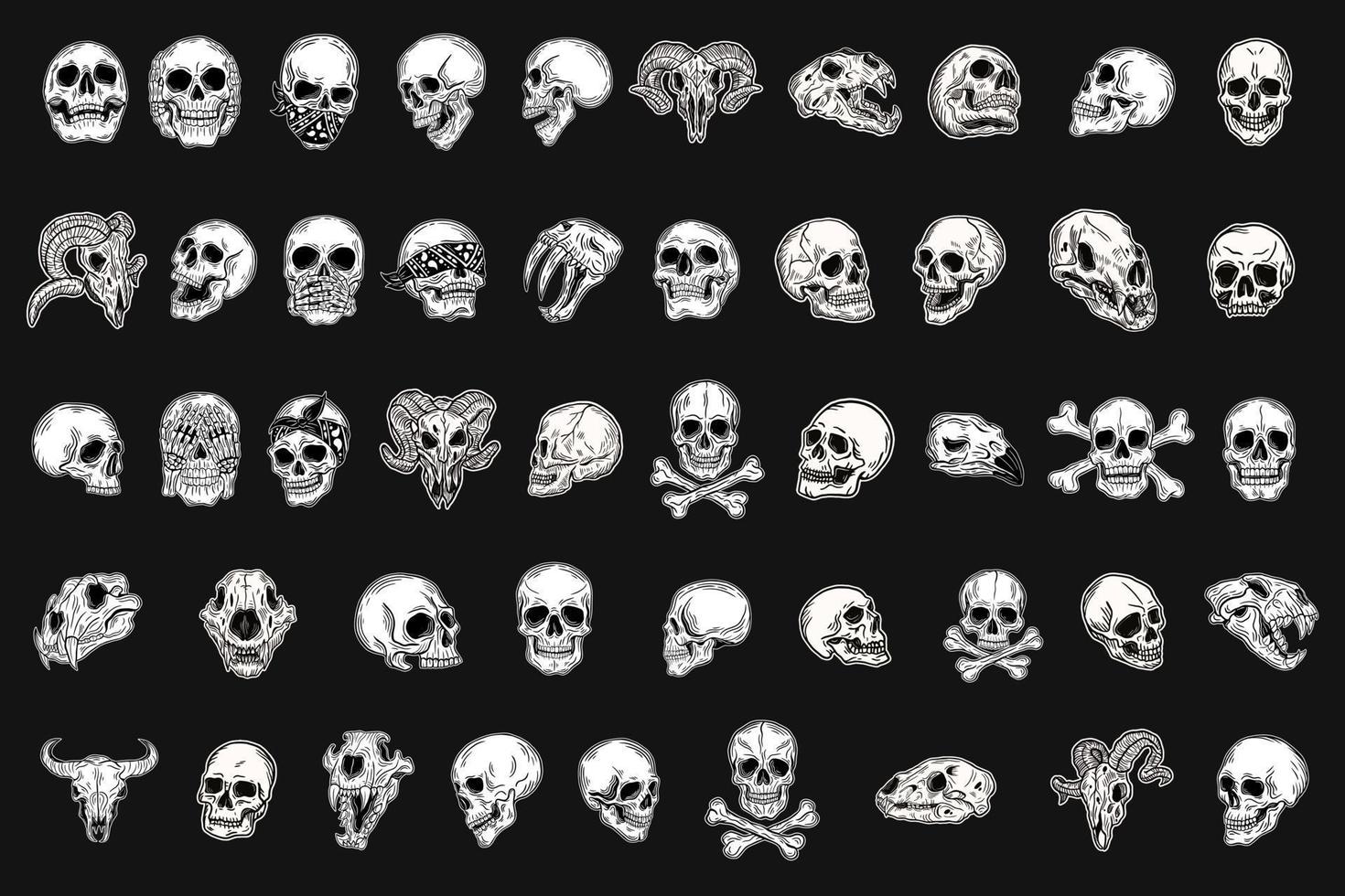 definir um pacote de mega coleção de arte escura de cabeça de ossos de crânio desenhados à mão com ilustração de estilo de contorno de incubação de anjo diferente vetor