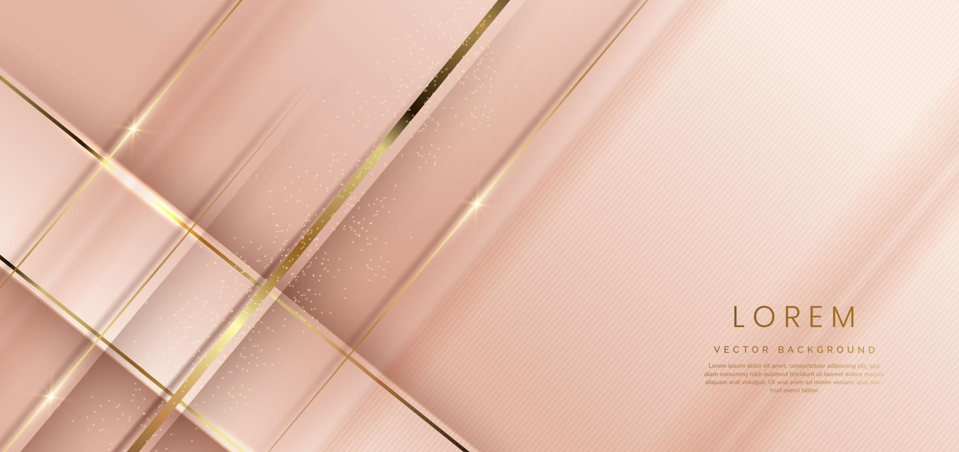 modelo de luxo moderno 3d abstrato fundo de cor de ouro rosa e linhas de ouro diagonais com brilho de luz de linha de brilho dourado. vetor