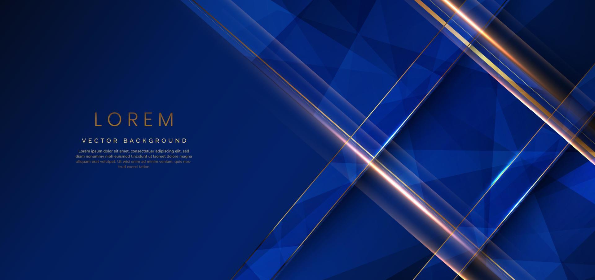 luxo abstrato linhas douradas diagonal sobrepostas em fundo azul escuro. modelo de design de prêmio premium. vetor