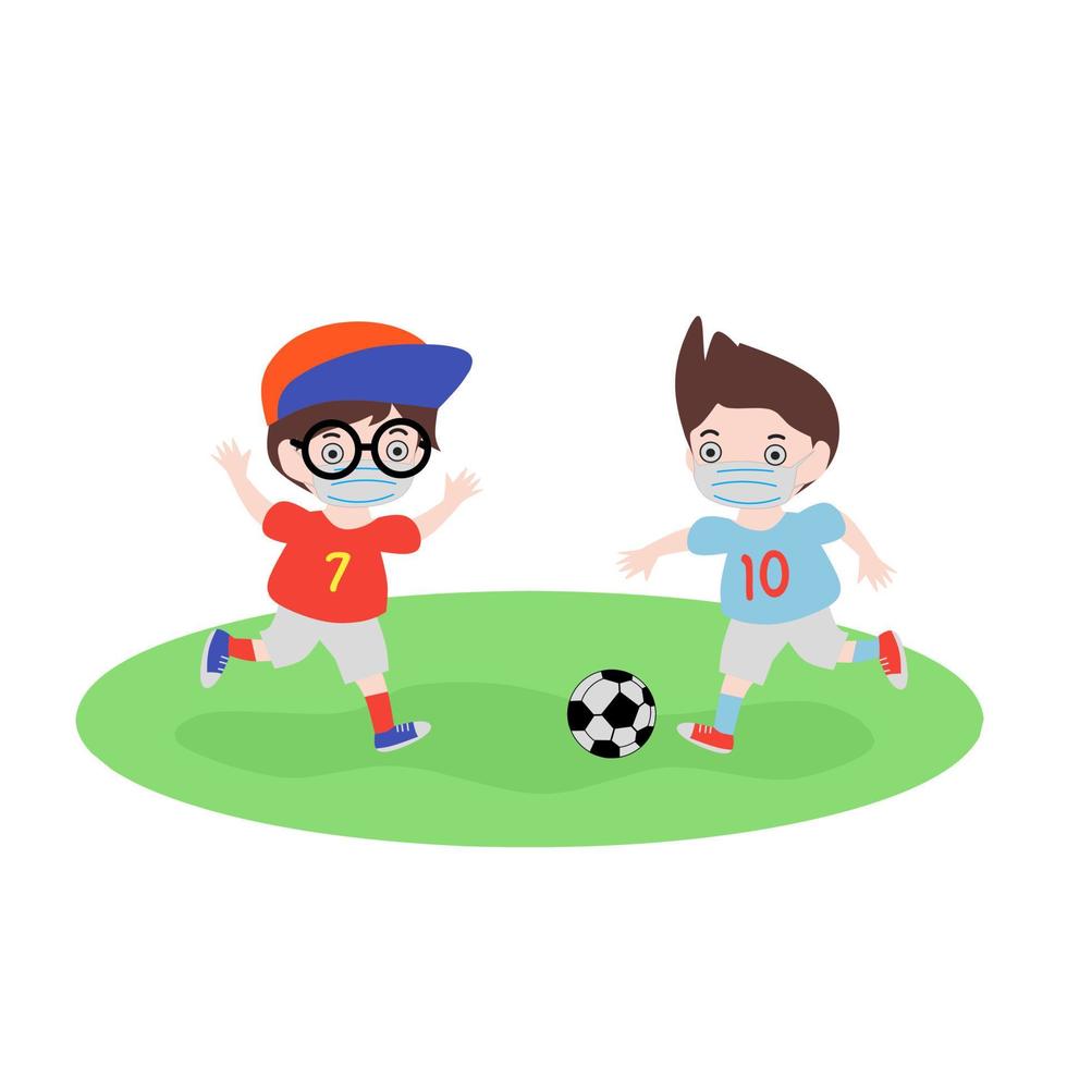 crianças felizes mascaradas jogando futebol vetor
