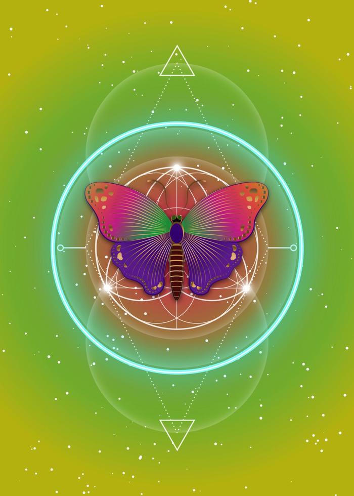 borboleta sobre mandala, geometria sagrada, logotipo símbolo de harmonia e equilíbrio, néon psicodélico brilhante. ornamento geométrico colorido, relaxamento de ioga, espiritualidade, fundo gradiente amarelo vetorial vetor