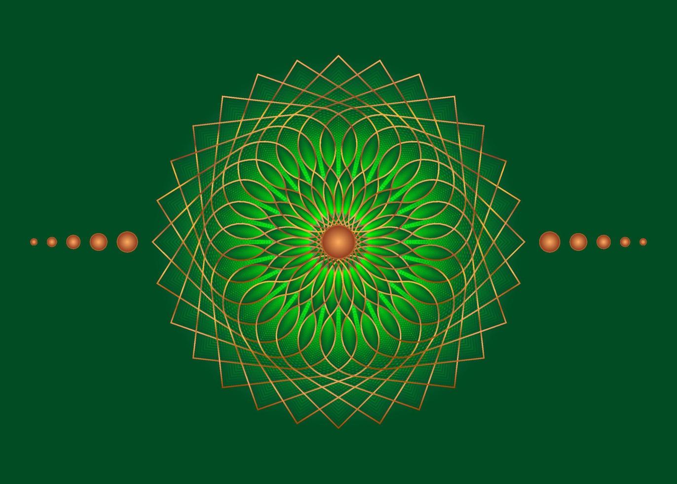 mandala de geometria sagrada, ícone de círculo meditativo de ouro de flor verde, design de logotipo geométrico, roda religiosa mística, conceito de quarto chakra indiano, ilustração vetorial isolada em fundo verde vetor