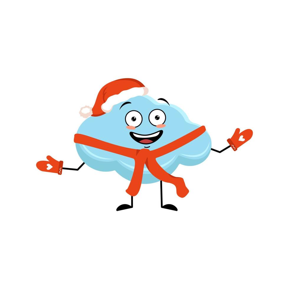 personagem de nuvem no chapéu de Papai Noel com emoção feliz, rosto alegre, olhos de sorriso, braços e pernas. pessoa com expressão engraçada. ilustração vetorial plana vetor