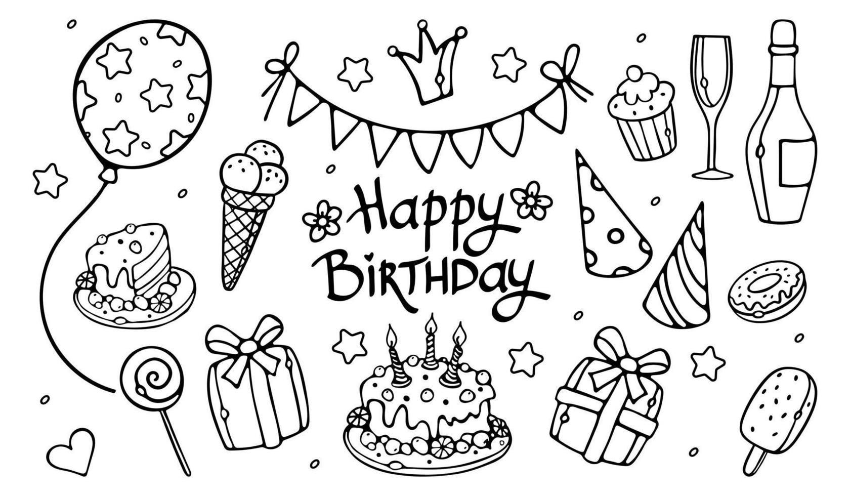 feliz aniversário festa de aniversário desenhado à mão conjunto de contorno de doodle ilustração vetorial vetor