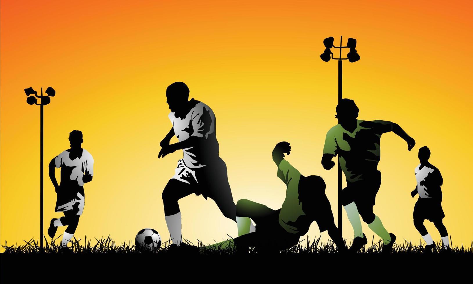 silhuetas de jogadores de futebol jogando futebol no campo ao pôr do sol. ótimo para design de folheto, banner ou cartaz de conceito de futebol. vetor