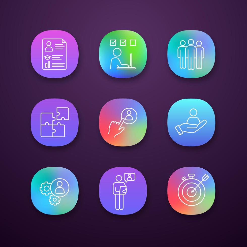 conjunto de ícones de aplicativos de gerenciamento de negócios. currículo, resolução de tarefas, equipe, solução, botão de contratação de pessoal, objetivo inteligente, entrevista online, trabalho em equipe, pessoa na mão. interface de usuário ui ux. ilustração vetorial isolada vetor