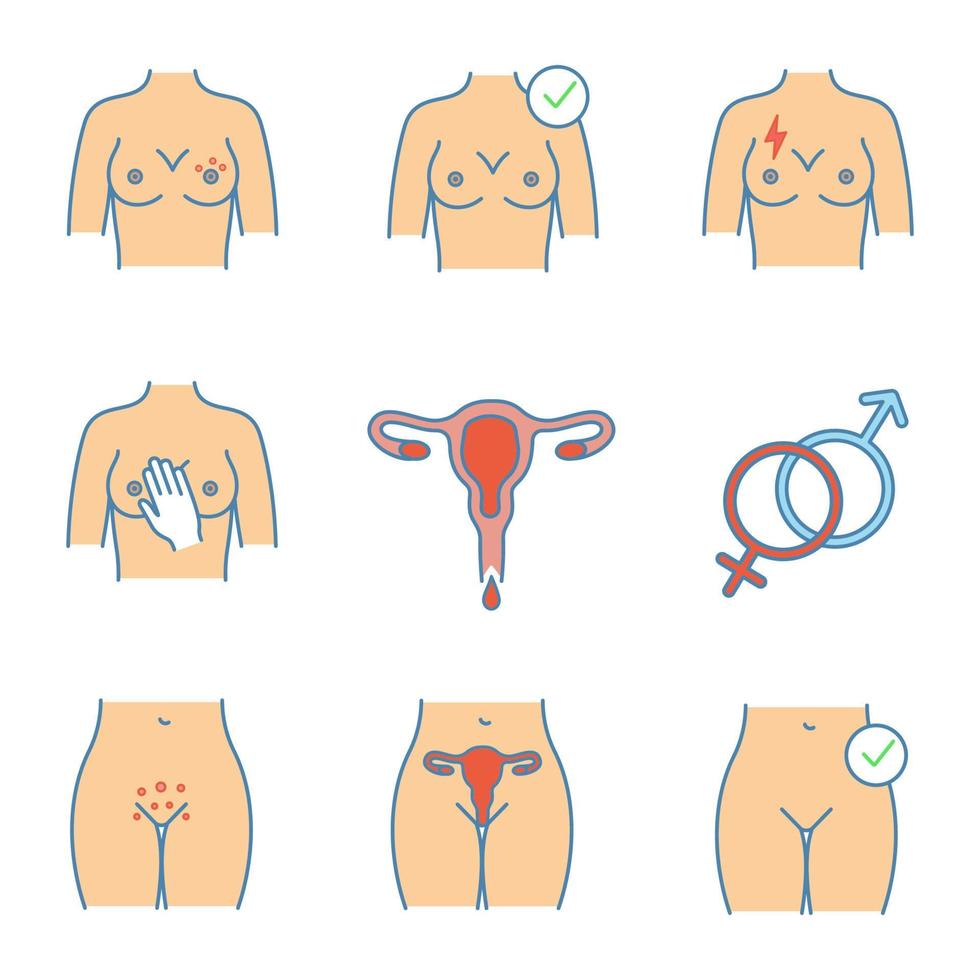 conjunto de ícones de cor de ginecologia. erupção mamária, dor, saúde da mulher, palpação, menstruação, heterossexualidade, erupção genital, útero. ilustrações vetoriais isoladas vetor