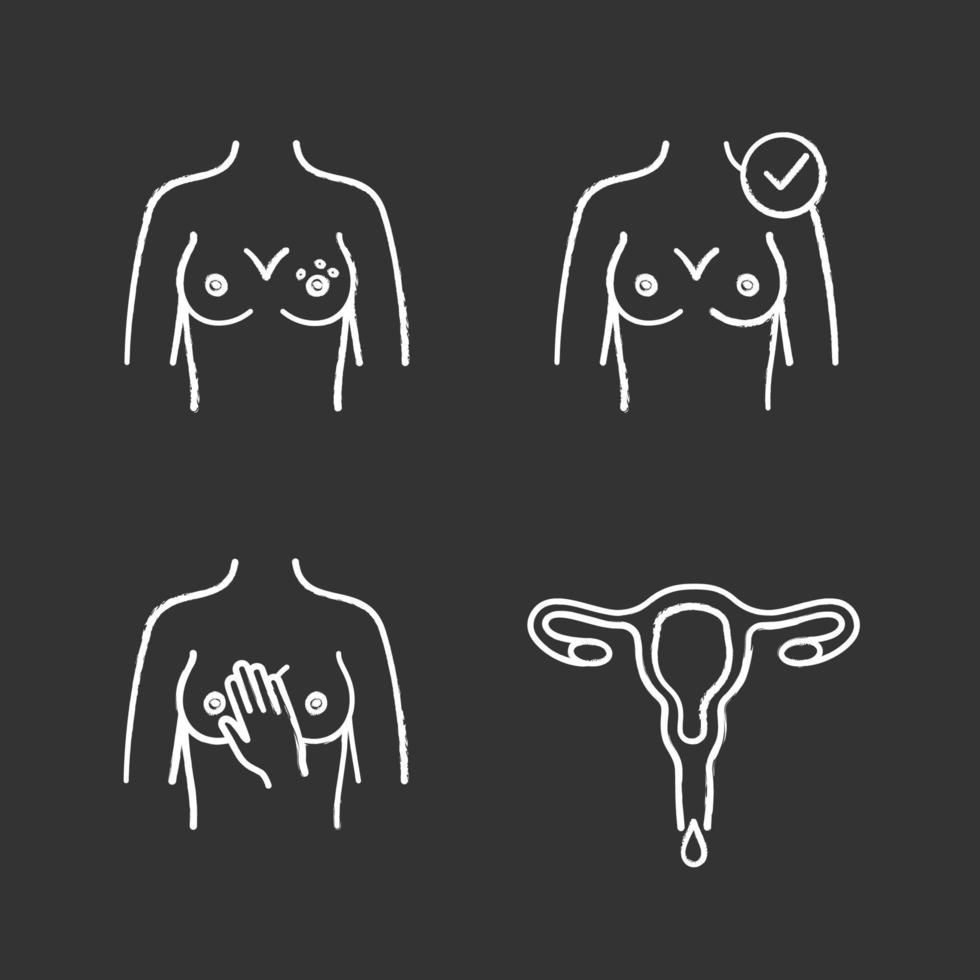 conjunto de ícones de giz de ginecologia. erupção mamária, saúde da mulher, palpação mamária, menstruação. ilustrações de quadro-negro vetoriais isolados vetor