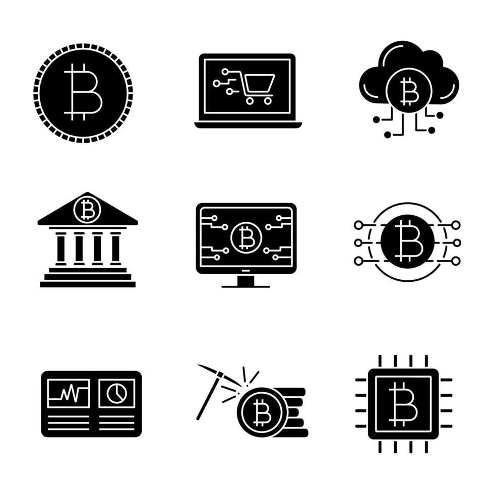 Conjunto de ícones de glifo de criptomoeda bitcoin. moeda, compras on-line, mineração em nuvem, banco, página da web bitcoin, hashrate, mineração de cpu, criptomoeda. símbolos de silhueta. ilustração vetorial isolada vetor