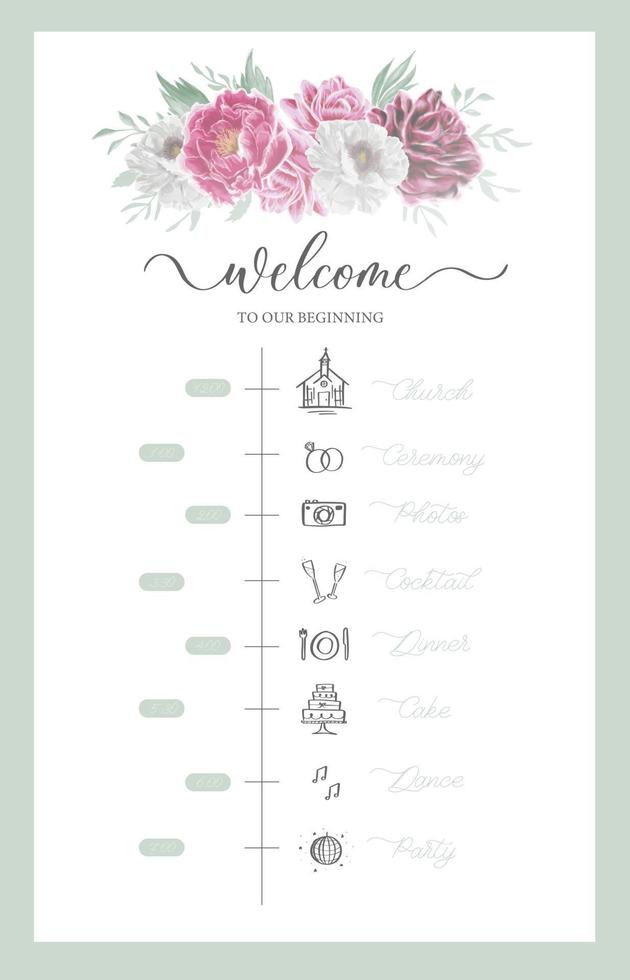 menu de cronograma de casamento no dia do casamento com flor em aquarela. design de vetor de fundo abstrato arte floral para modelo de capa de casamento e vip.
