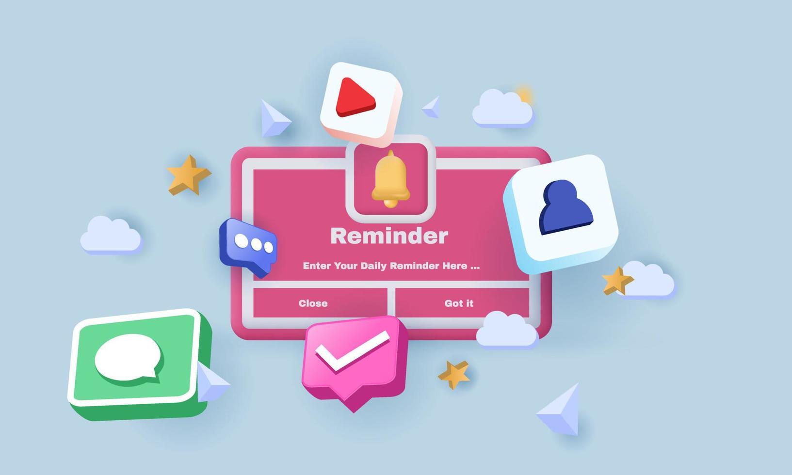página de notificações de ilustração de lembrete 3D flutuando vetor