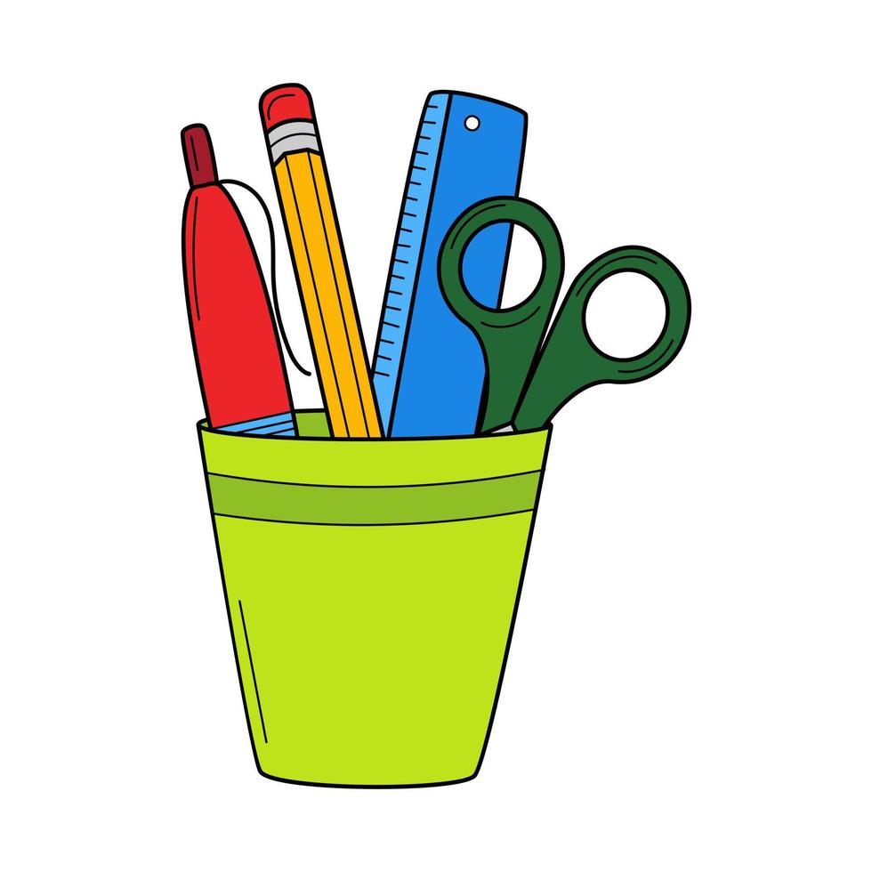 porta-lápis com régua, tesoura, caneta, lápis. estilo doodle. ilustração vetorial colorida desenhada à mão. os elementos de design são isolados em um fundo branco. vetor