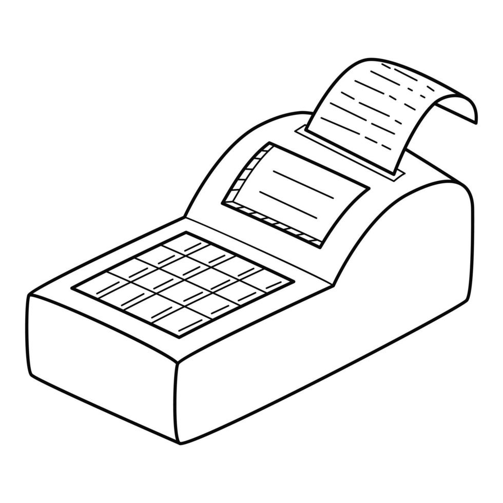 a Caixa registradora. ícone linear. ilustração em vetor preto e branco desenhados à mão. Isolado em um fundo branco