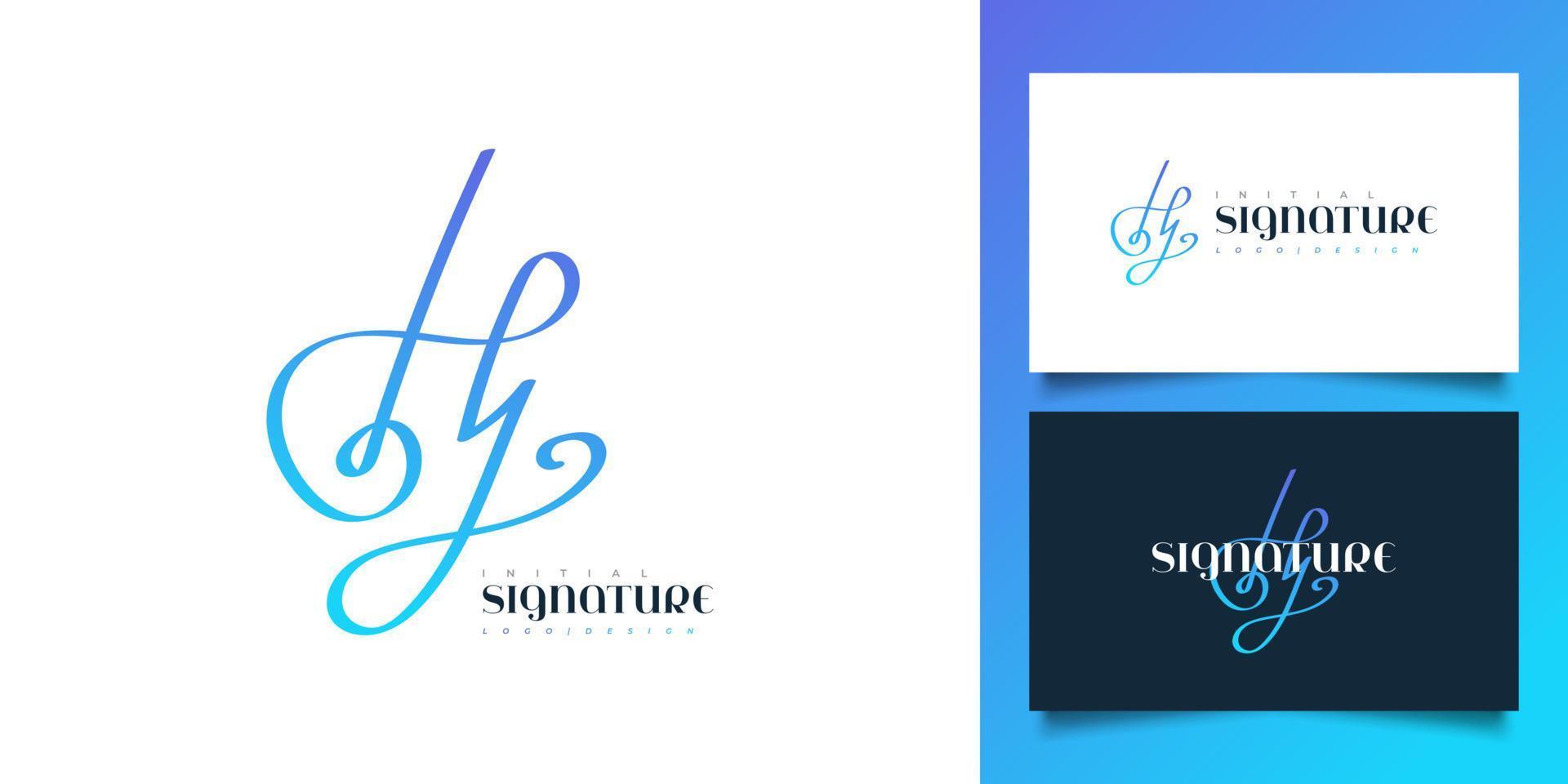 design de logotipo minimalista letra h e j com estilo de caligrafia no conceito de gradiente azul. hj assinatura inicial para logotipo ou identidade comercial vetor