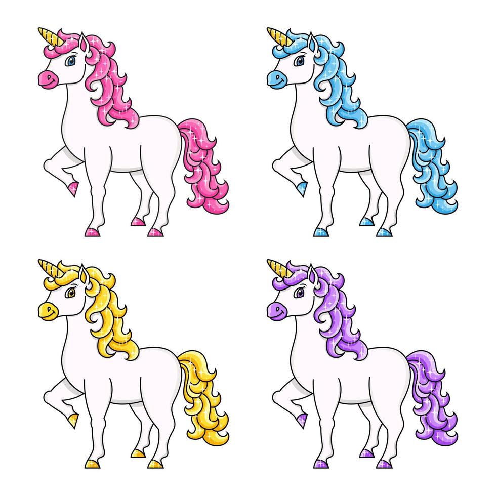 lindo unicórnio. cavalo mágico de fada. Personagem de desenho animado. ilustração vetorial colorida. isolado no fundo branco. elemento de projeto. modelo para seu projeto, livros, adesivos, cartões. vetor