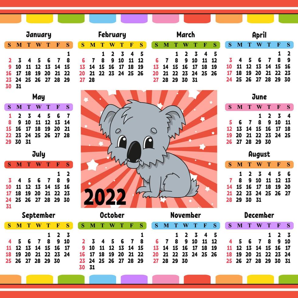 calendário para 2022 com um personagem fofo. design divertido e brilhante. ilustração isolada do vetor da cor. estilo de desenho animado.