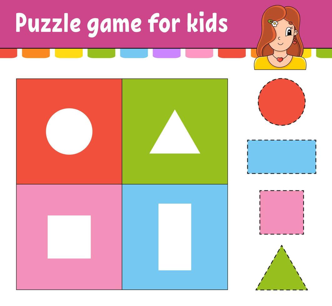 jogo de puzzle para crianças. copiar e colar. prática de corte. formas de aprendizagem. planilha de educação. círculo, quadrado, retângulo, triângulo. página de atividades. Personagem de desenho animado. vetor