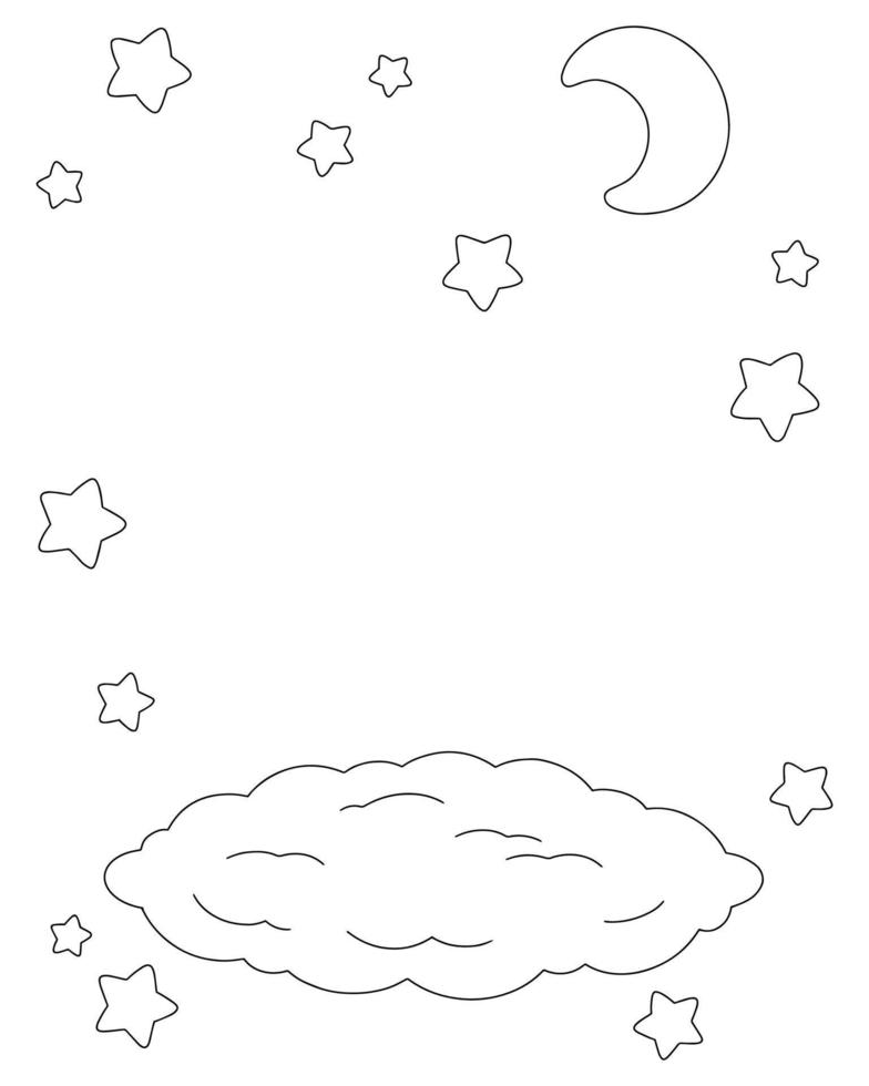 maravilhosa paisagem natural com lua e estrela. página do livro de colorir para crianças. estilo de desenho animado. ilustração vetorial isolada no fundo branco. vetor