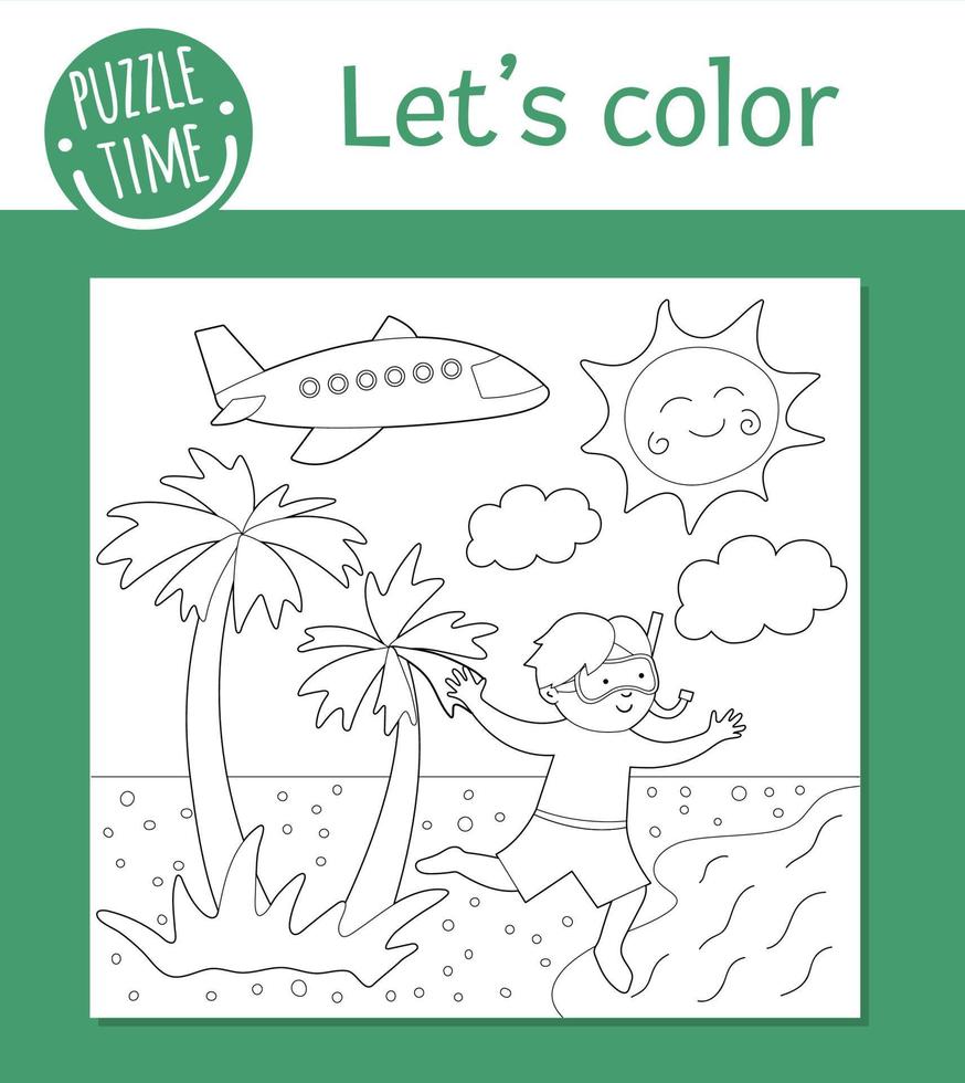 página para colorir de verão para crianças. lindo garoto engraçado correndo para o mar. ilustração de contorno de férias na praia do vetor. livro de cores de férias no mar para crianças vetor