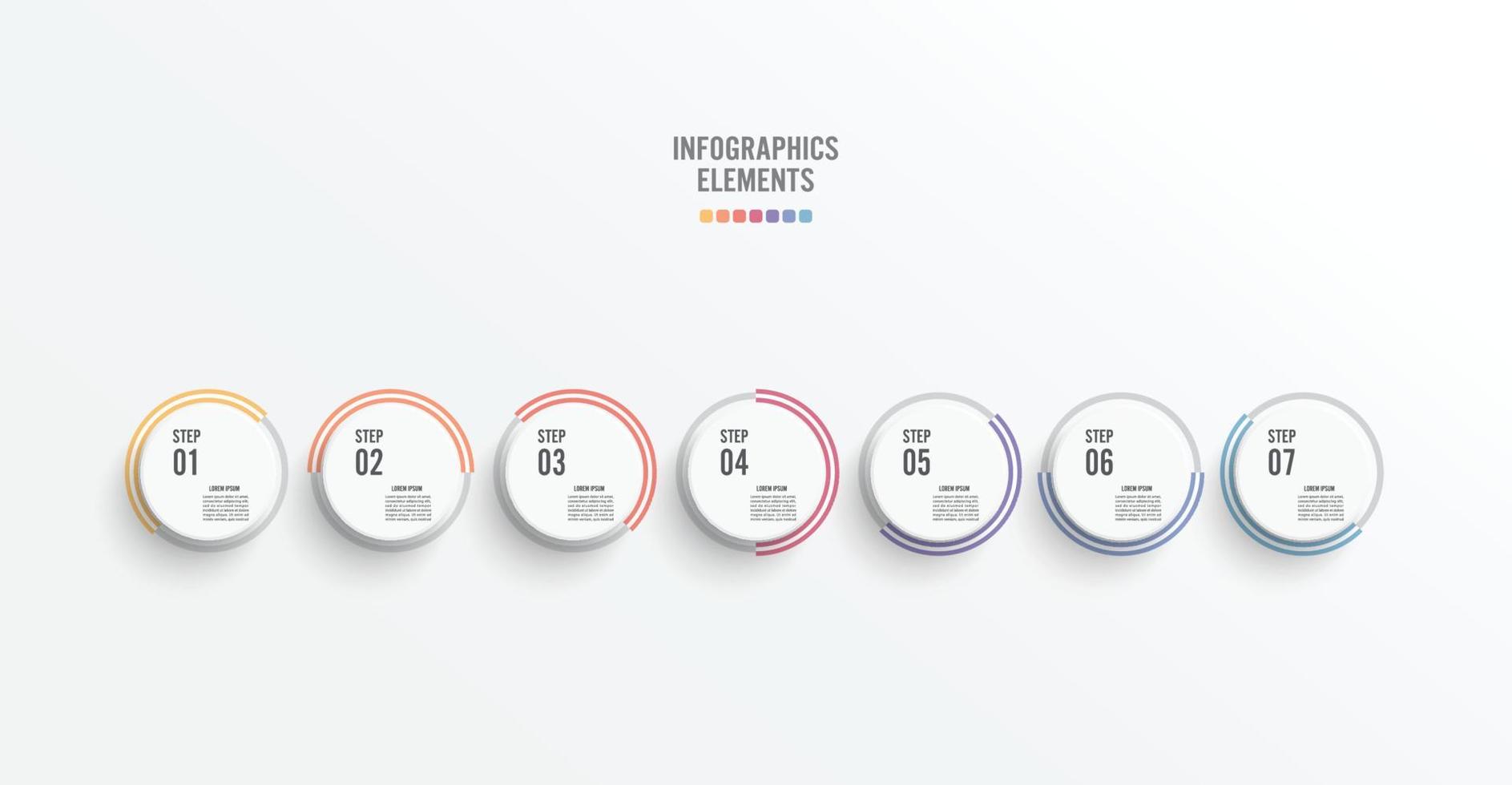 modelo linha do tempo infográfico colorido horizontal numerado para sete posições. conceito de negócio com 7 opções. pode ser usado para fluxo de trabalho, banner, diagrama, web design, gráfico de área. vetor