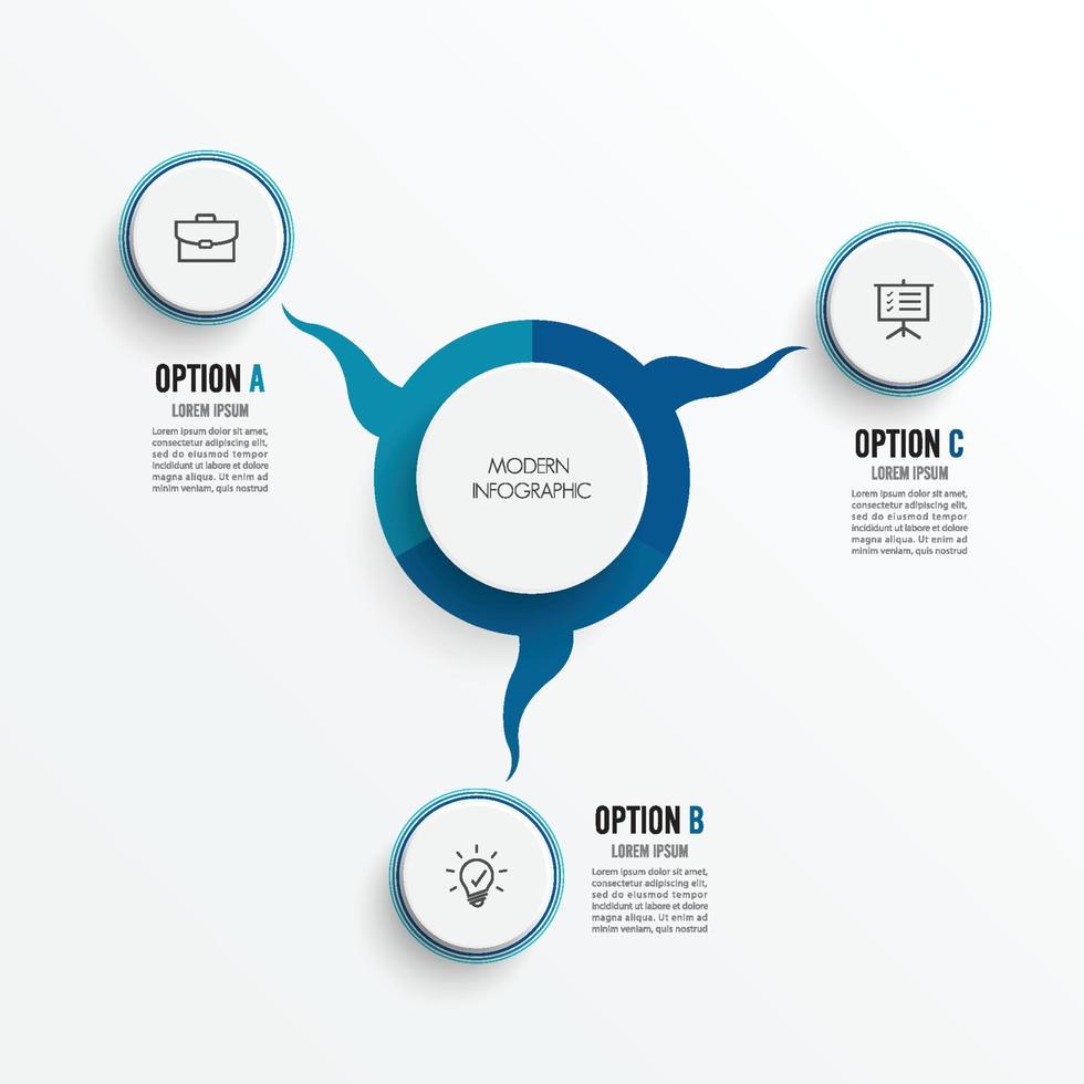 elementos abstratos do modelo gráfico infográfico com rótulo, círculos integrados. conceito de negócio com 3 opções. para conteúdo, diagrama, fluxograma, etapas, peças, infográficos de linha do tempo, layout de fluxo de trabalho, vetor