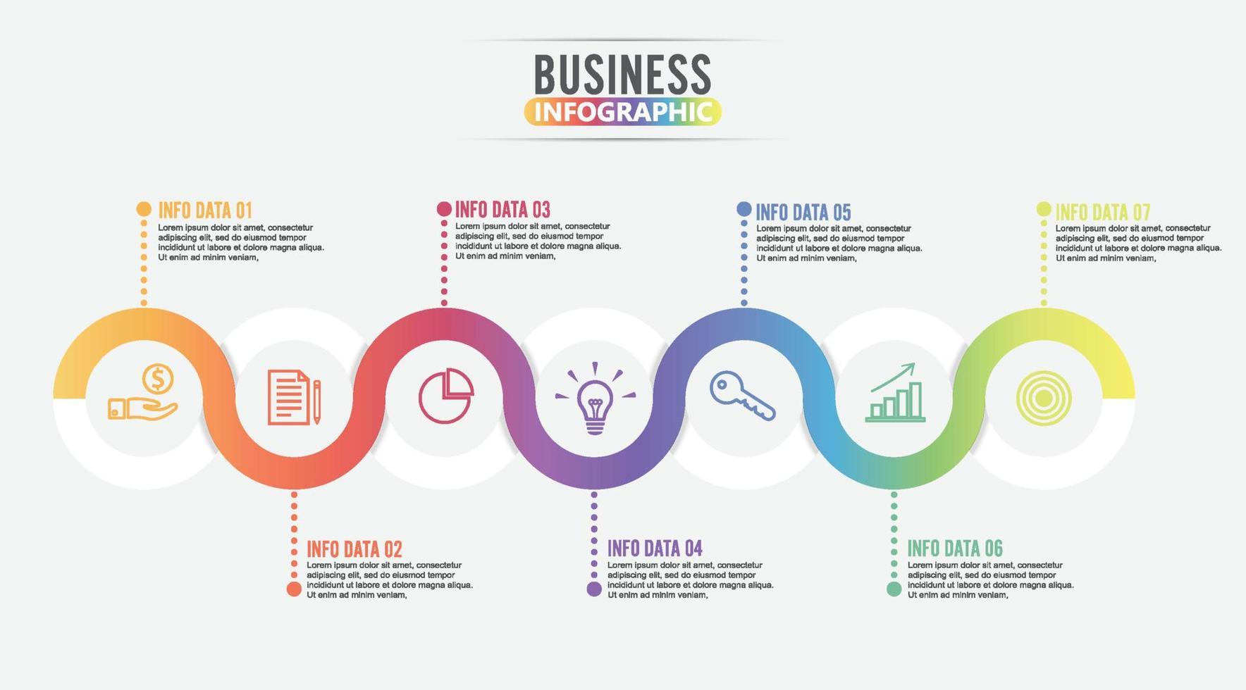 Ícones de marketing e vetor de design de infográfico de 7 partes podem ser usados para layout de fluxo de trabalho, diagrama, relatório, design de web. conceito de negócio com opções, etapas ou processos.