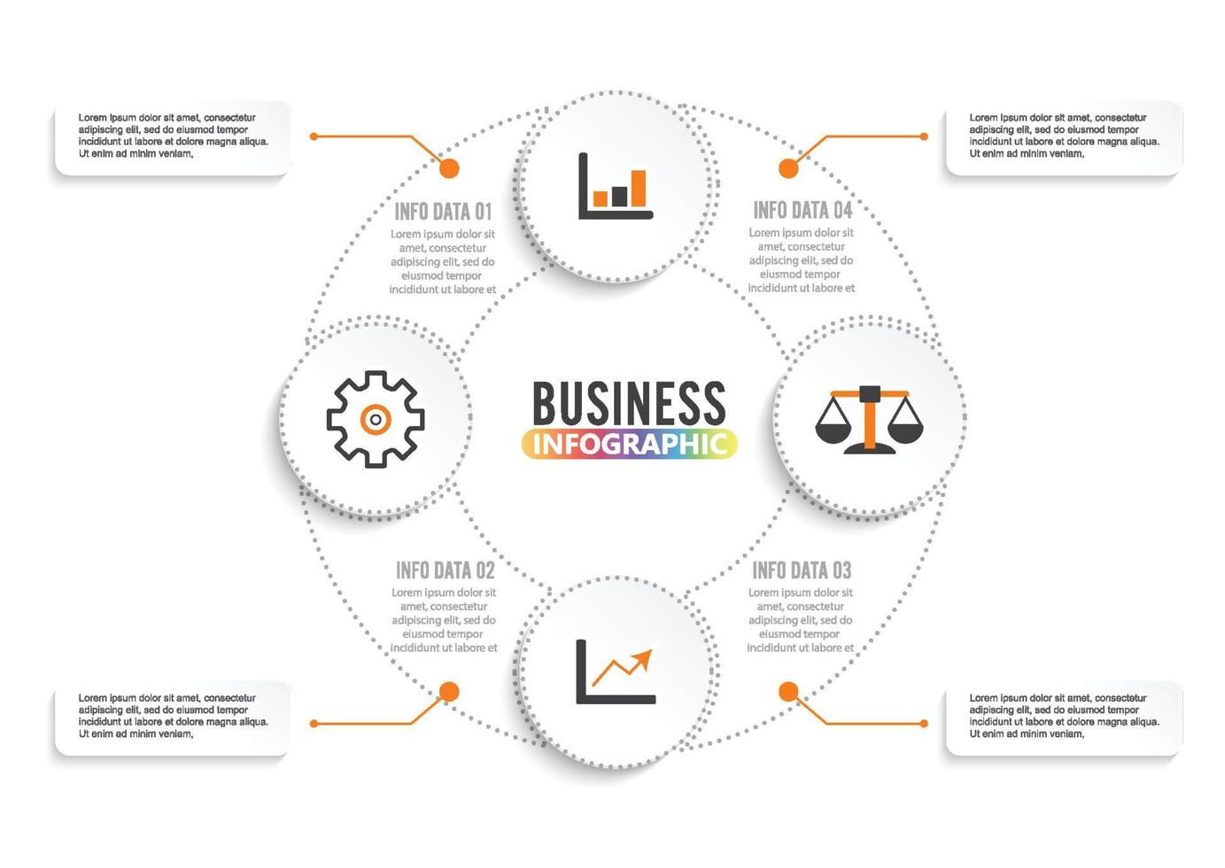 modelo de círculo infográfico vetorial com 4 etapas, peças, opções, setores, estágios. pode ser usado para gráfico, gráfico de pizza, layout de fluxo de trabalho, diagrama de ciclismo, folheto, relatório, apresentação. vetor