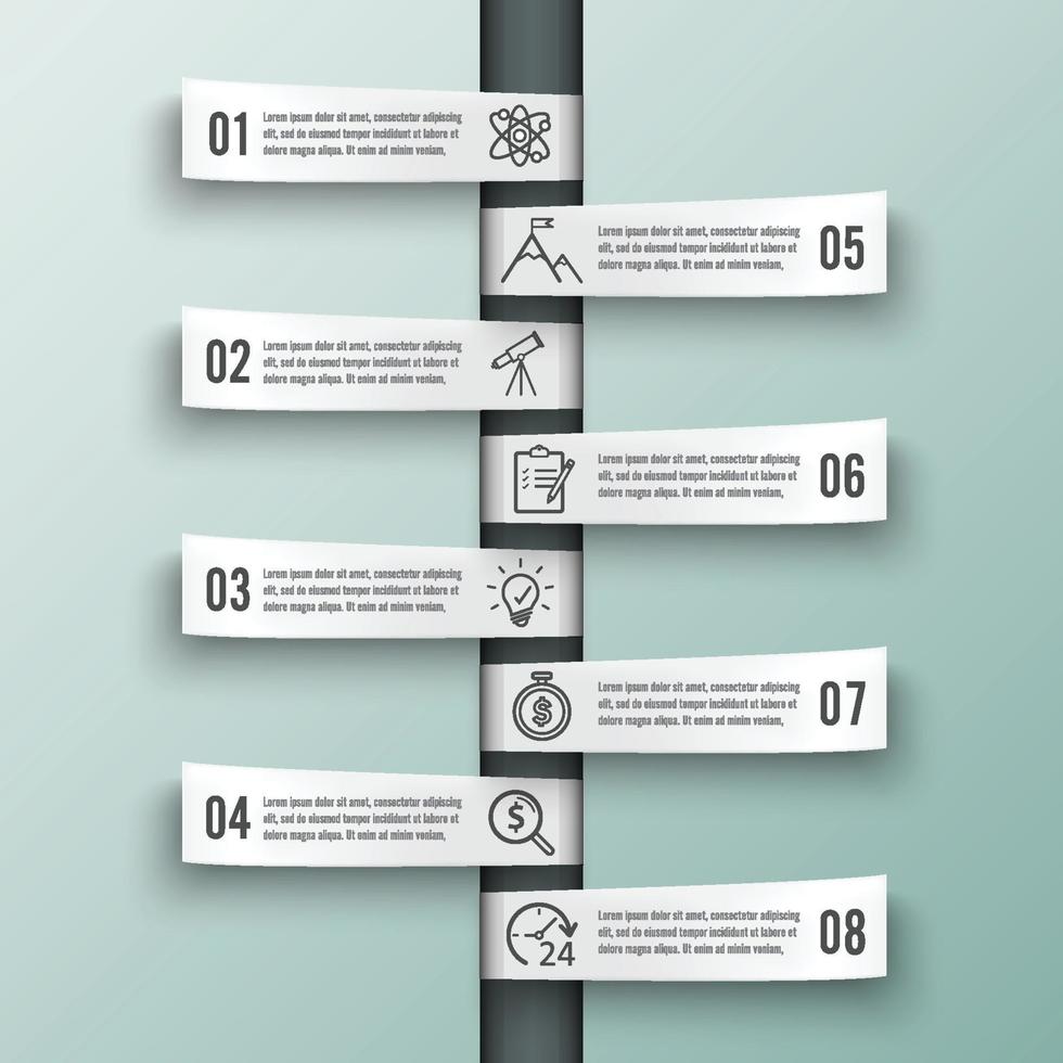 modelo de infográfico de vetor com etiqueta de papel 3d, círculos integrados. conceito de negócio com 8 opções. para conteúdo, diagrama, fluxograma, etapas, peças, infográficos de linha do tempo, fluxo de trabalho, gráfico.