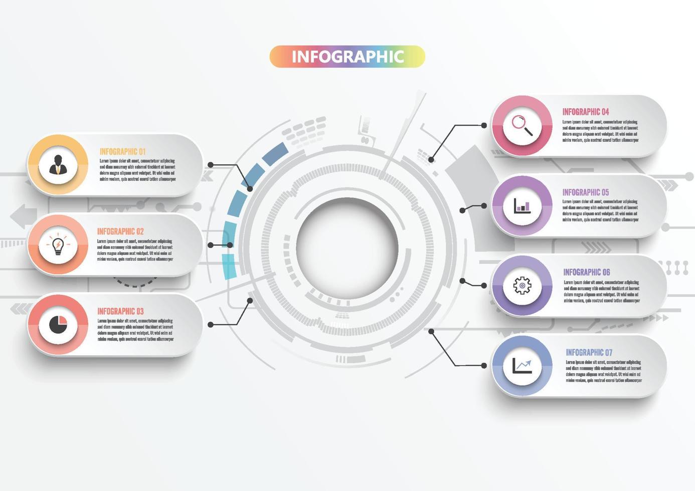 modelo de infográfico de vetor com etiqueta de papel 3d, círculos integrados. conceito de negócio com 7 opções. para conteúdo, diagrama, fluxograma, etapas, peças, infográficos de linha do tempo, fluxo de trabalho, gráfico.