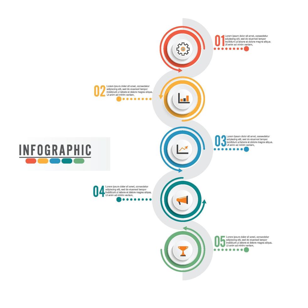 modelo de infográfico 3d abstrato com cinco etapas para o sucesso. modelo de círculo de negócios com opções para brochura, diagrama, fluxo de trabalho, cronograma, web design. vetor eps 10