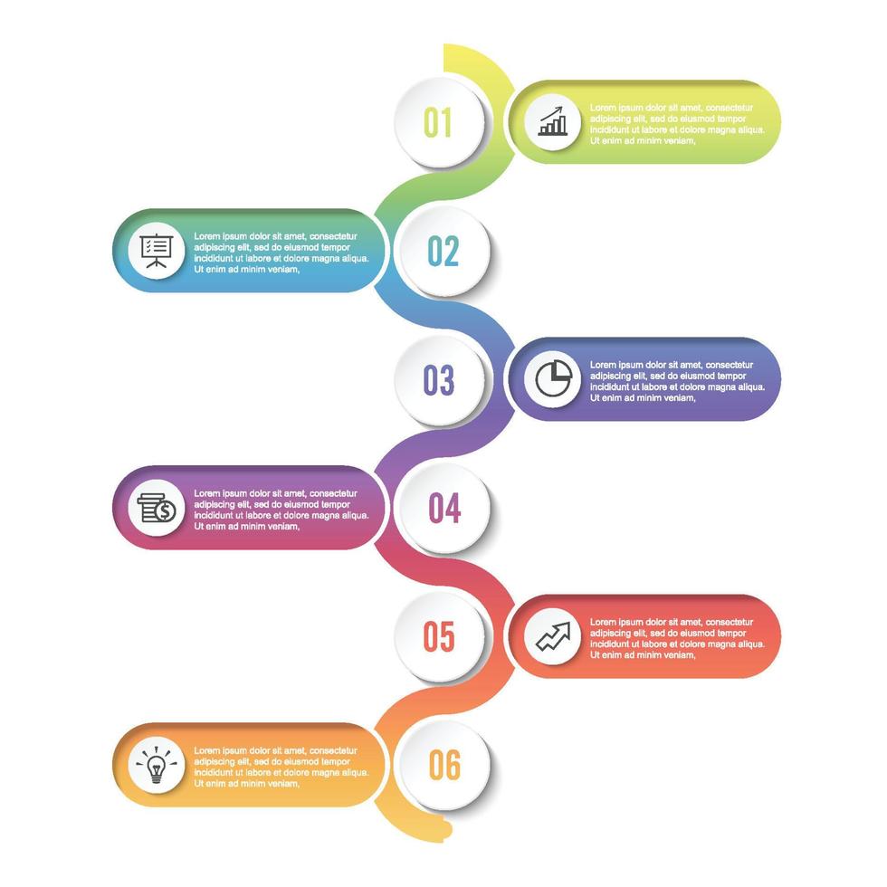 modelo de linha do tempo infográfico colorido horizontal numerado para seis posições pode ser usado para fluxo de trabalho, banner, diagrama, web design, gráfico de área vetor