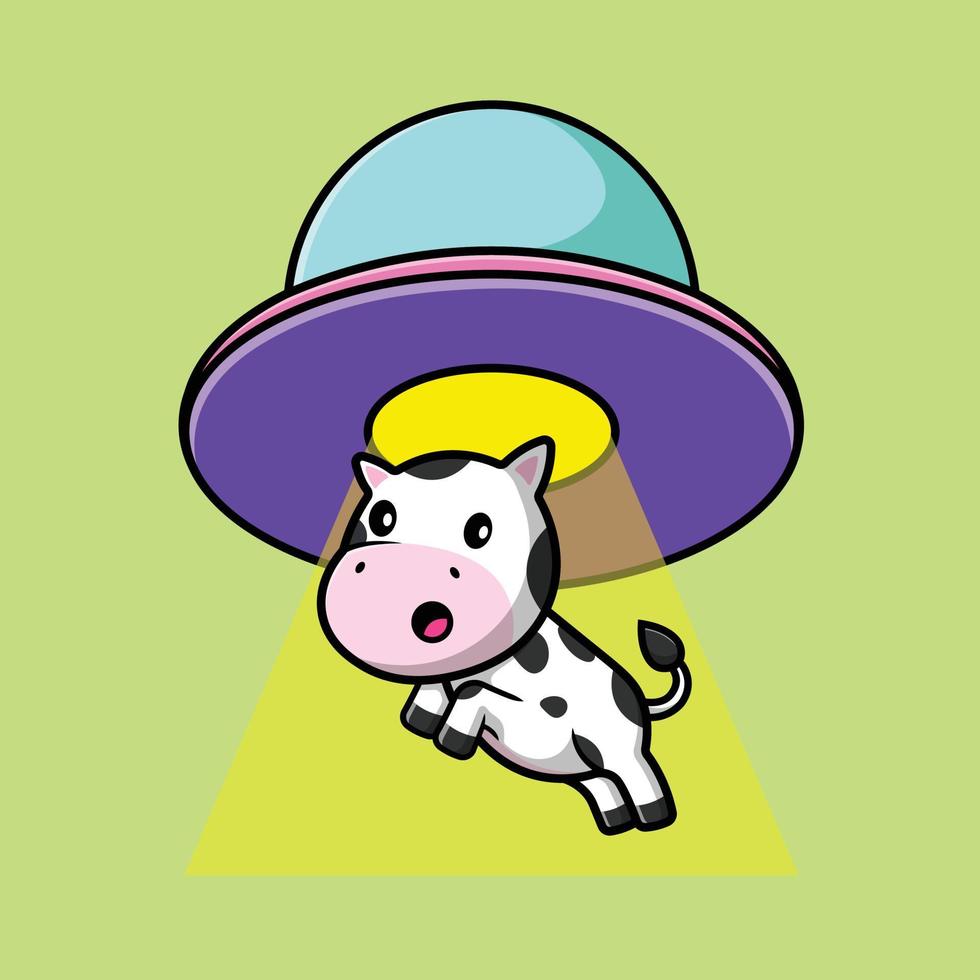 vaca bonitinha sugada na ilustração do ícone do vetor dos desenhos animados da nave espacial ufo. conceito de ícone de tecnologia animal vetor premium isolado