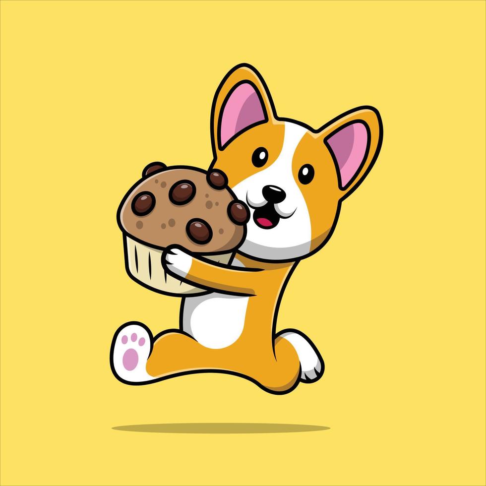 cão bonito corgi segurando a ilustração de ícone de vetor de desenho de bolo de xícara. conceito de ícone de comida animal isolado vetor premium