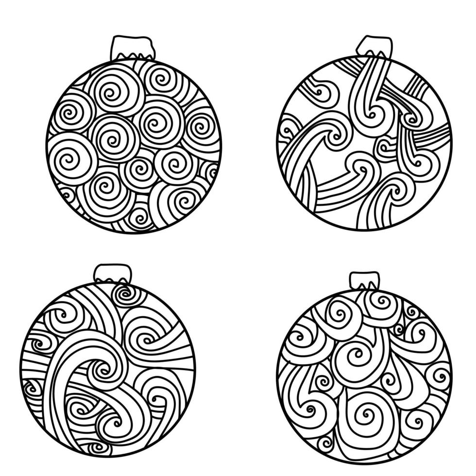 conjunto de bola de ano novo doodle, atributos de natal, elementos de contorno para colorir vetor