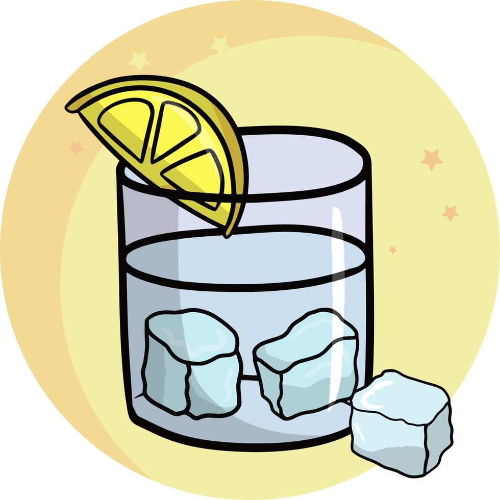 vidro transparente de vidro com água, cubos de gelo e limão, ilustração vetorial dos desenhos animados vetor