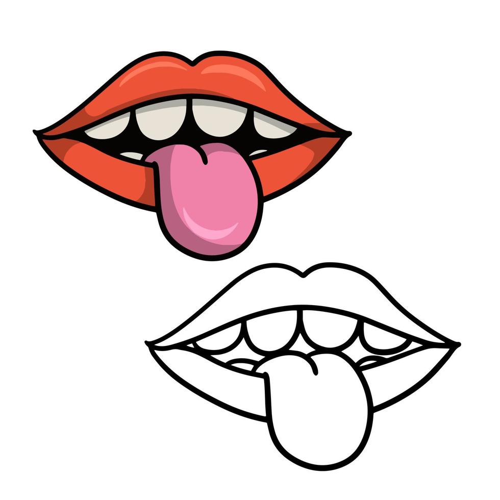 um conjunto de desenhos de cores e esboços, lábios cor de rosa brilhantes com dentes e língua brancos, ilustração vetorial de desenho animado em um fundo branco vetor
