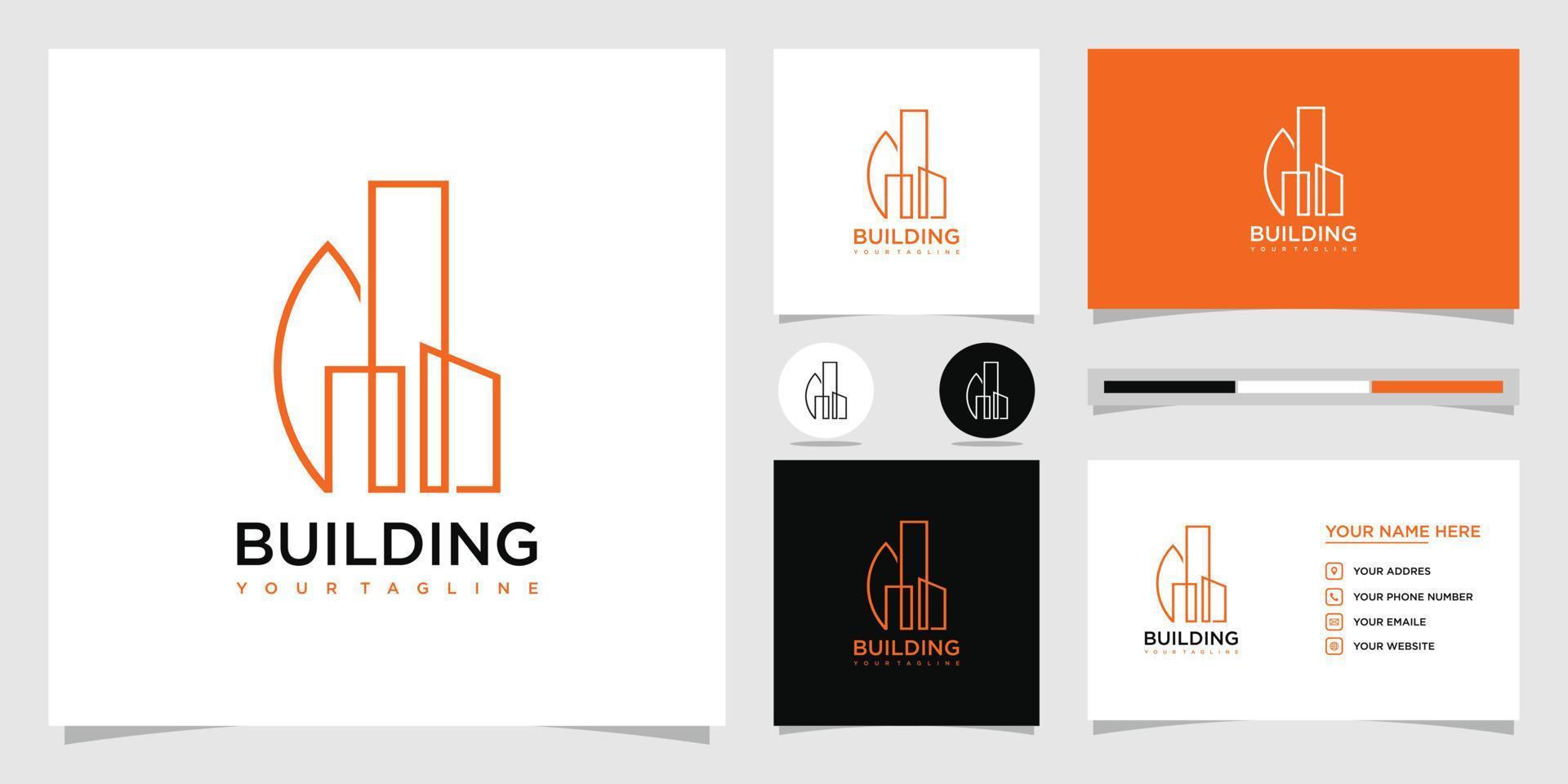 edifícios criativos logotipo imobiliário e vetor premium de referência de cartão de visita.