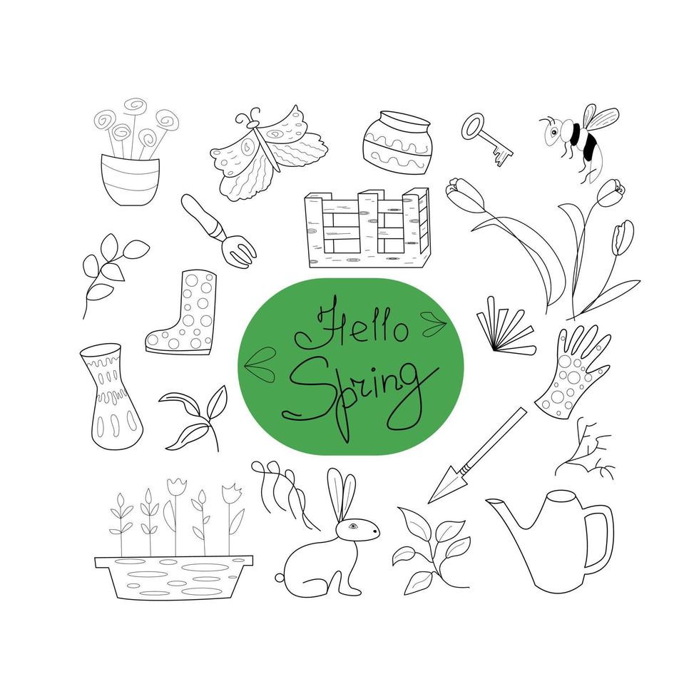 jardim Olá primavera ilustração vetorial doodle. um conjunto de ícones em um tema de primavera isolado em um fundo branco. flores da primavera, borboleta, jardim, coelho, galhos, plantas, jardim de roupas. Preto branco vetor