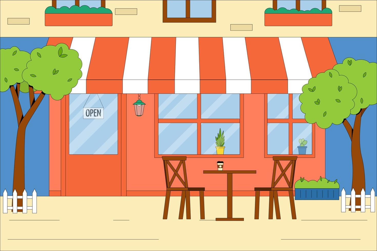 o edifício do café de verão com mesas e cadeiras ao ar livre. conceito vetorial de um café de verão. ilustração vetorial plana vetor