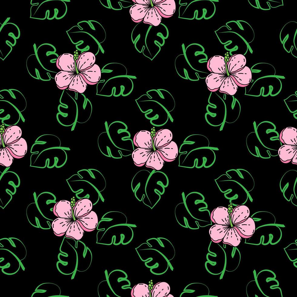 um desenho perfeito de uma flor de hibisco tropical. um esboço desenhado à mão de uma flor brilhante no estilo doodle. trópicos. verdes brilhantes. folhas de palmeira. hibisco rosa. ilustração vetorial isolada vetor