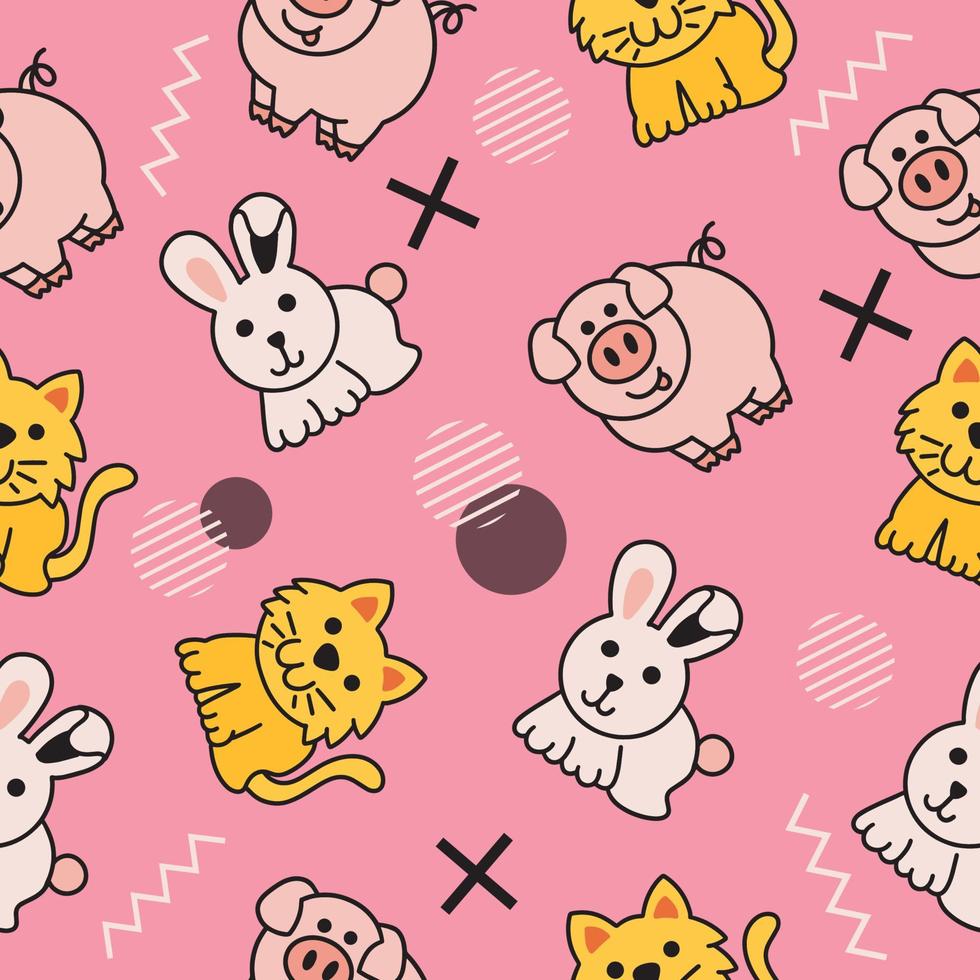 animal fofo coelho porco e gato doodle padrão sem costura para crianças e bebê vetor