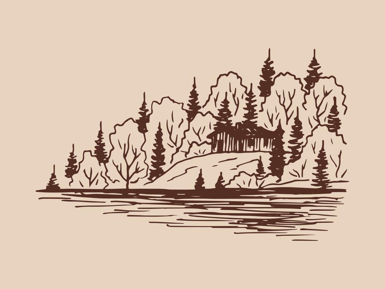 paisagem, lago, casa e pinheiros. ilustração de esboço desenhado à mão vetor