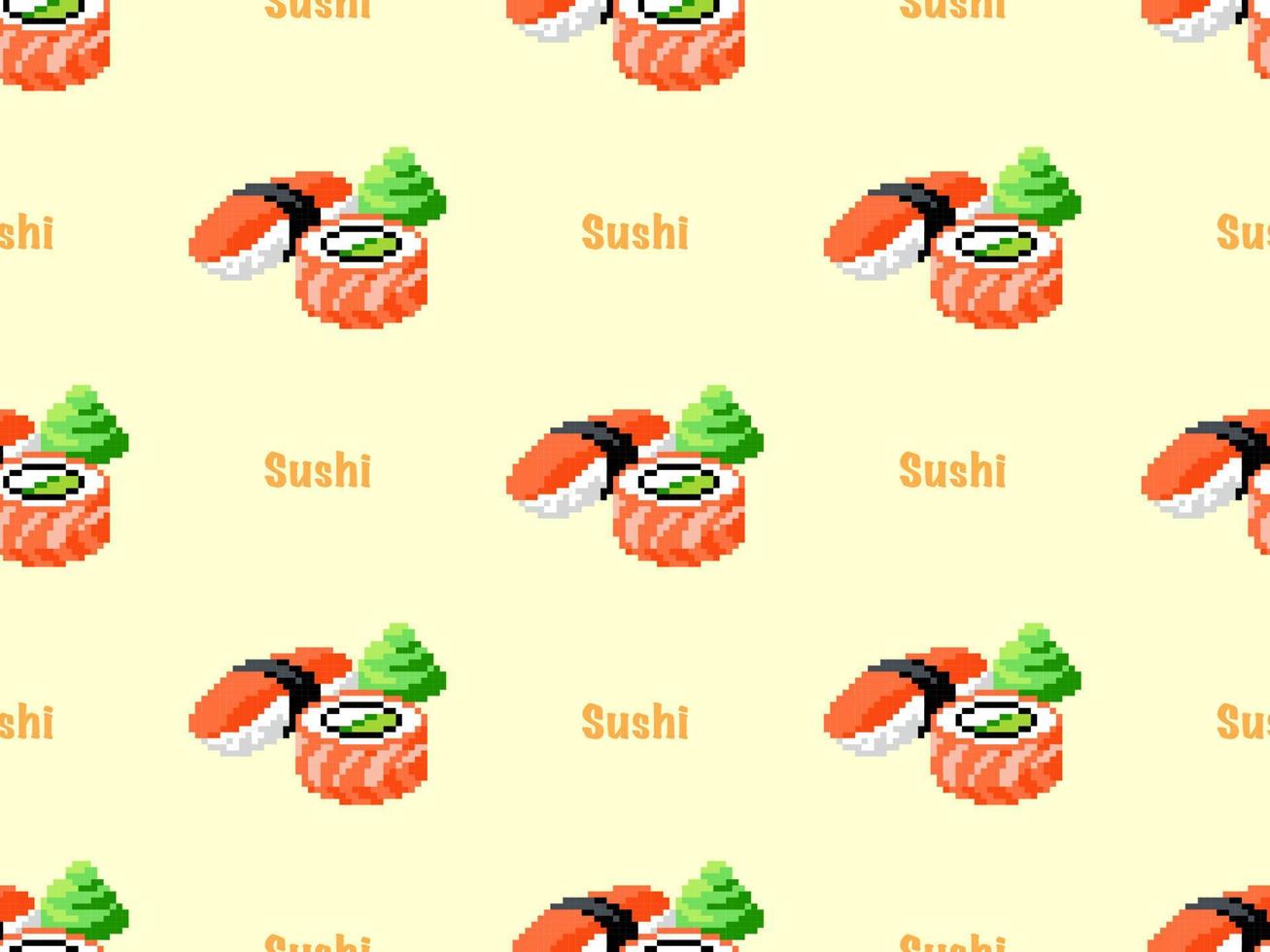 padrão perfeito de personagem de desenho animado de sushi no estilo de fundo amarelo.pixel vetor