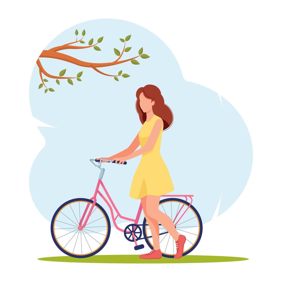 garota de vestido de verão fica ao lado de bicicleta rosa no fundo do céu azul. passeio de bicicleta no verão ou na primavera. encantadora ciclista feminina. verão, dia quente, descanso vetor