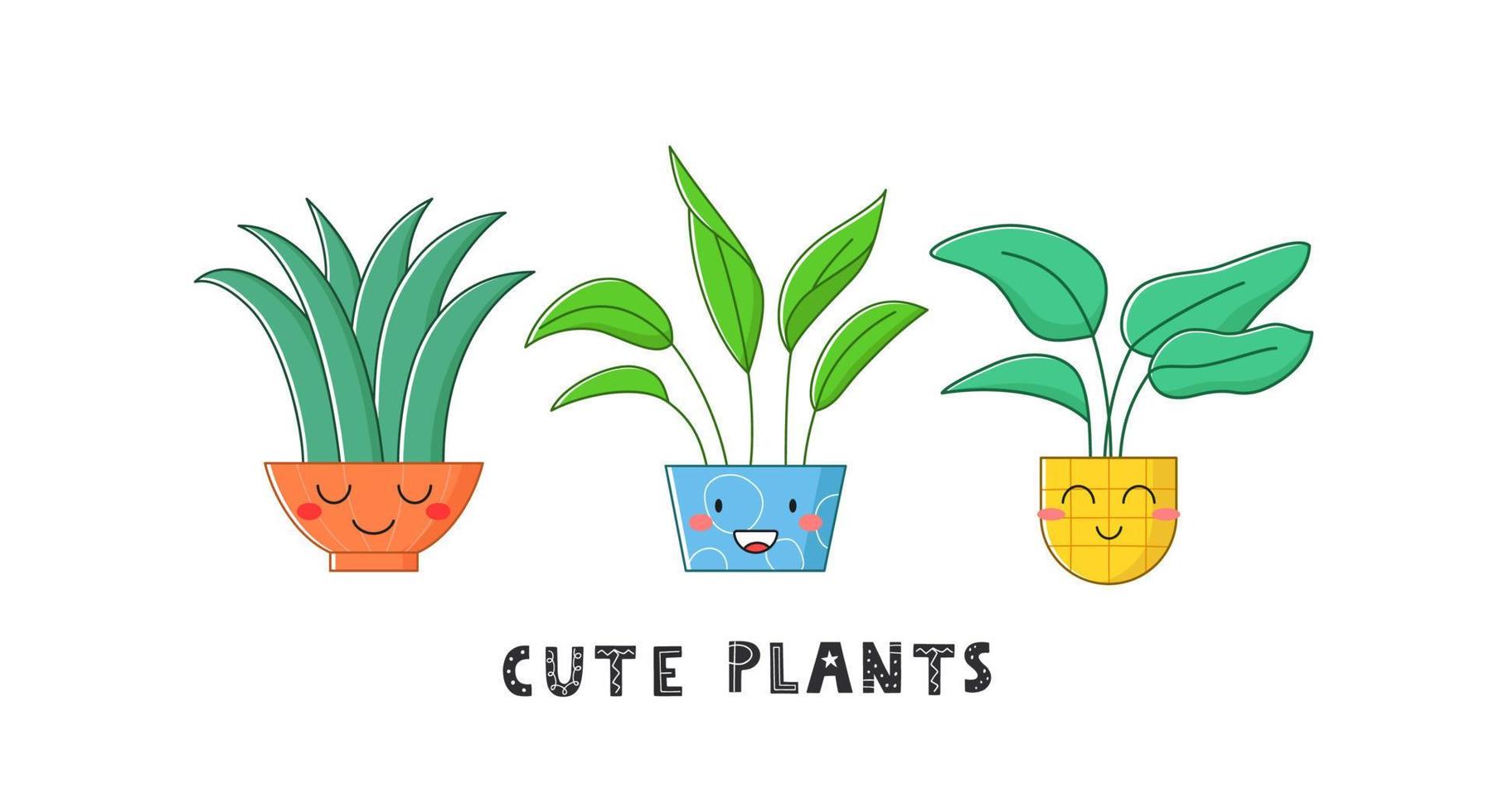 plantas caseiras fofas em vaso com texto. personagens engraçados de desenhos animados. ilustração vetorial. vetor