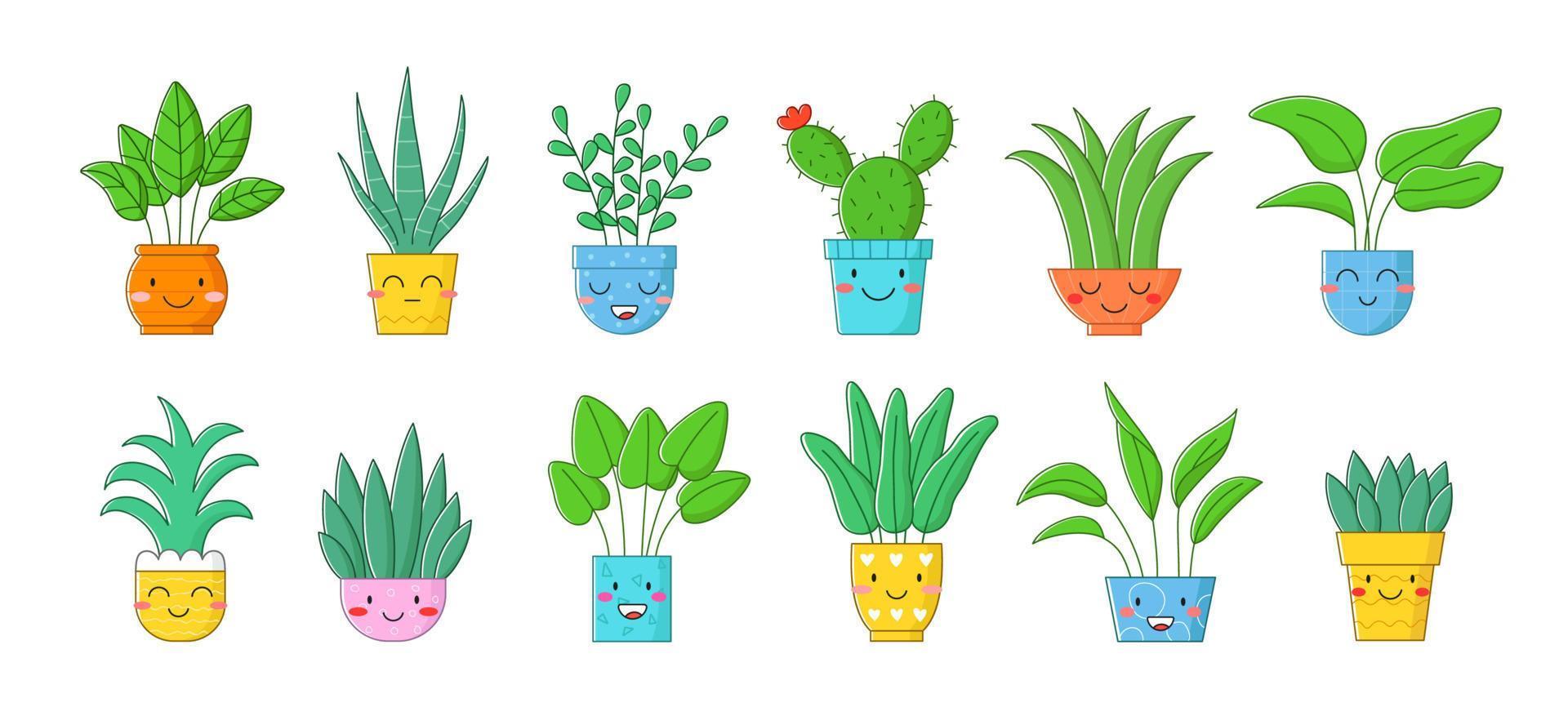 conjunto de personagens fofos de plantas de casa. kawaii enfrenta vasos de flores. ilustração vetorial dos desenhos animados sobre fundo branco. vetor