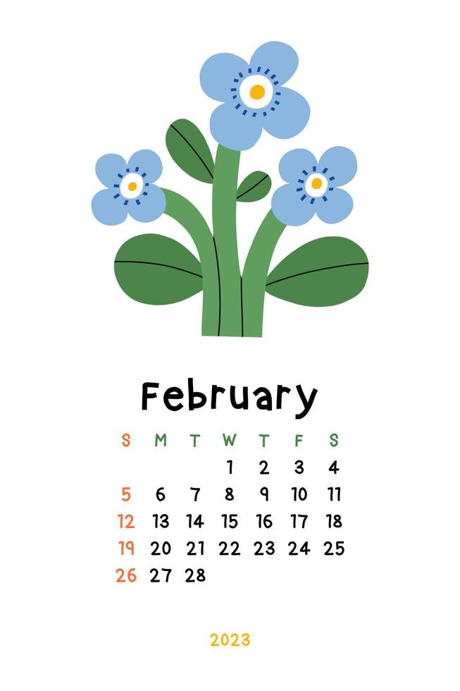 lindo calendário floral - fevereiro de 2023. modelo de vetor para impressão botânico. calendário mensal com flor desenhada à mão.