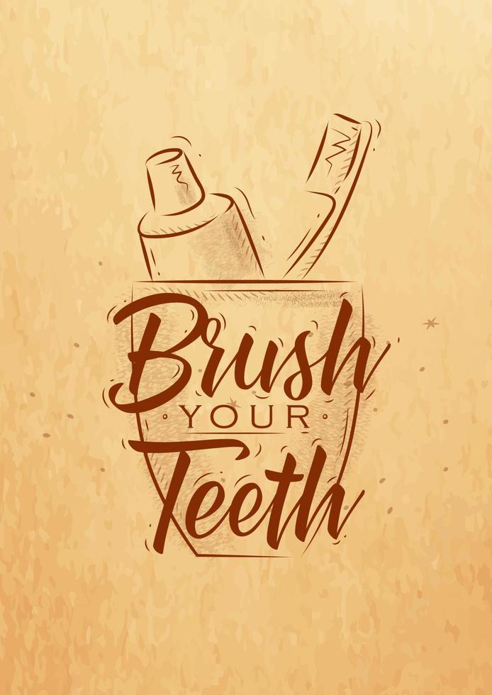 vidro com pasta de dente e escova em letras de estilo retro escove os dentes desenhando em fundo de papel ofício. vetor