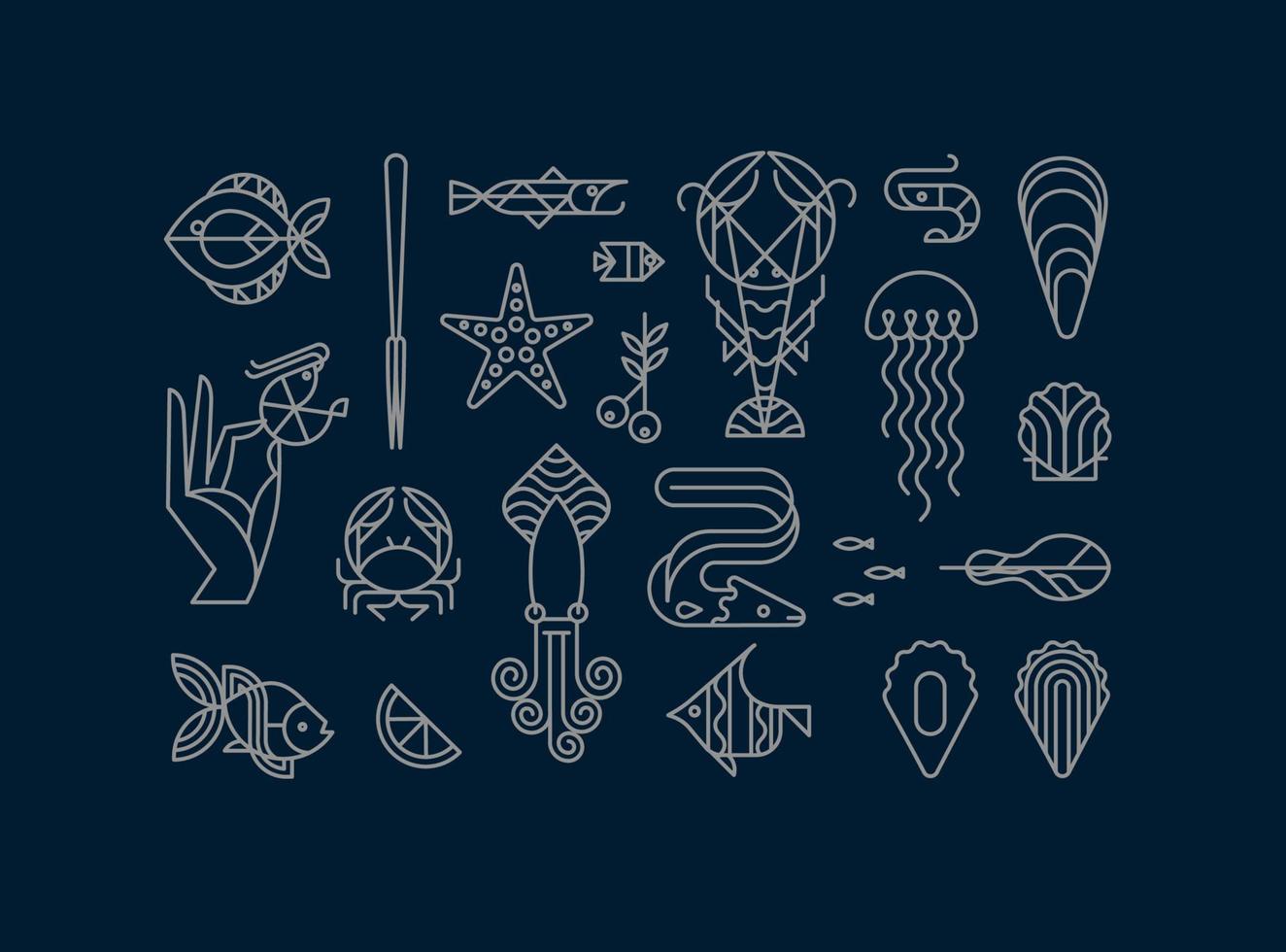 conjunto de sinais criativos de frutos do mar art deco moderno em estilo de linha plana, desenho sobre fundo azul. vetor